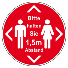 ibsn24 InformationBadgeSignNew ibsn - ds242 DiskretionSchild - Bodenaufkleber - german - Bitte halten Sie 1,5 m Abstand - distance. - red round sign g9684
