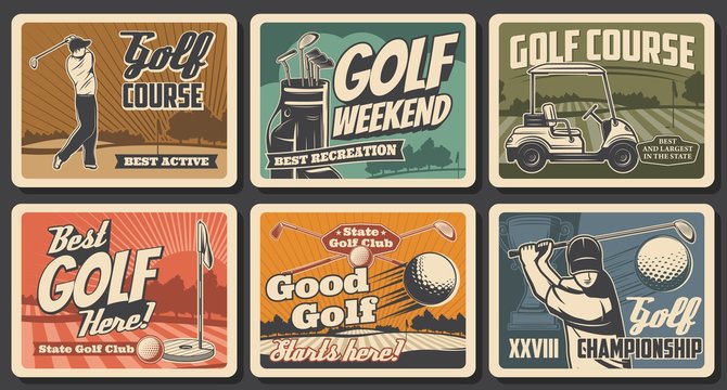 Golf sport vector clubs, balls and tees, flags and holes on green grass course with players or golfers and cart, winner trophy cup and bag. Golf club retro posters of championship tournament