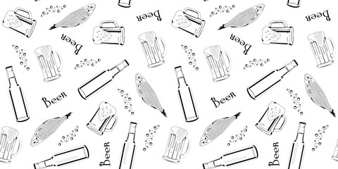 Seamless pattern in the style of Doodle on the theme of beer. Illustration from a set of beer mugs, beer bottles and fish. The picture with the beer foam
