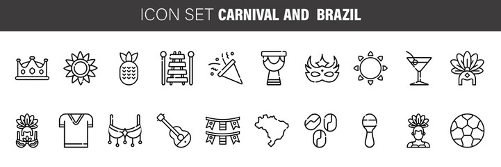 Brazil country icons set. Outline set of brazil CARNIVAL vector icons for web design isolated on white background