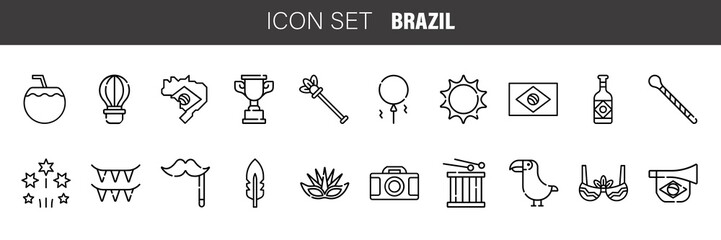 Brazil country icons set. Outline set of brazil CARNIVAL vector icons for web design isolated on white background