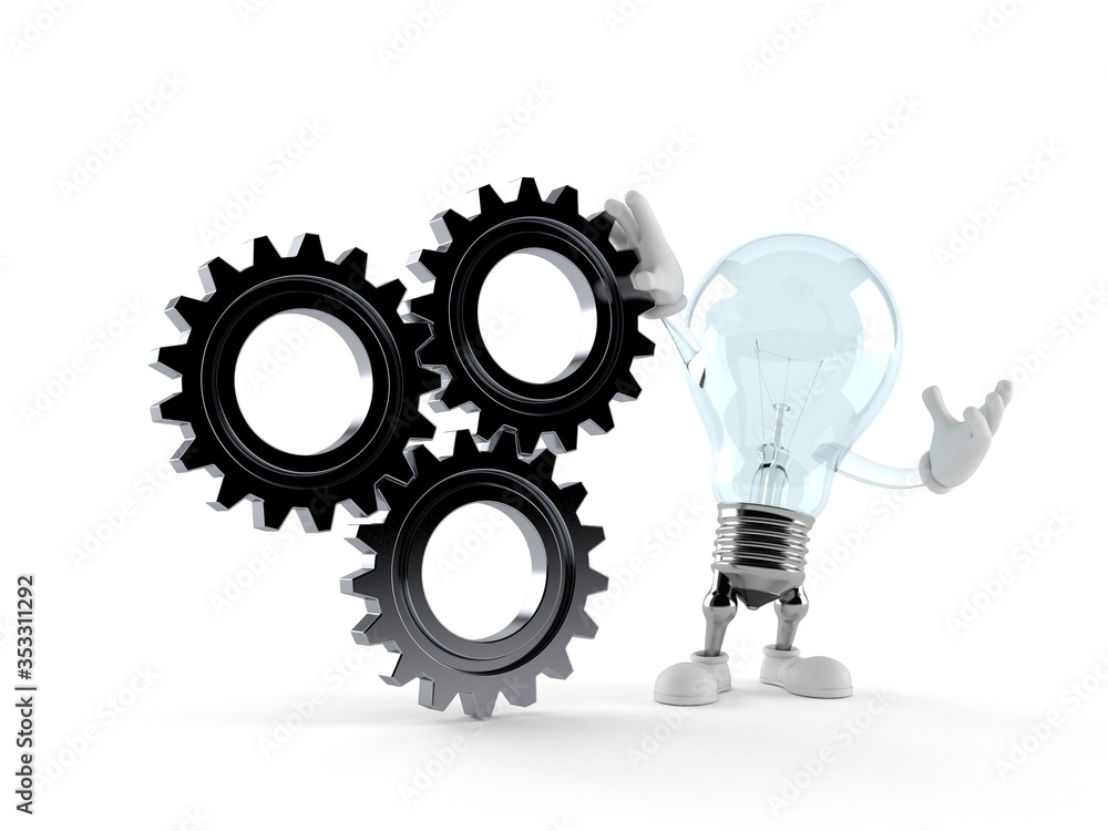 Poster Light bulb character with gear wheels