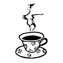 Black hand drawing vector illustration of a cup and a saucer with hot tea or coffee isolated on a white background