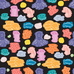 Seamless Vector Pattern with White Contours of Underwater Animals and Colored Spots