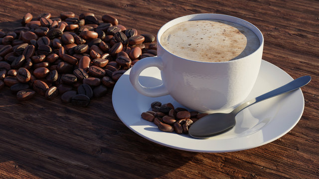 Tasse Kaffee oder Epresso mit Crema und Kaffeebohnen
