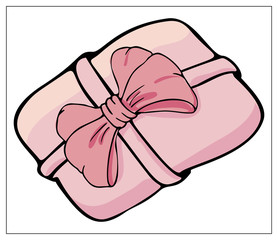 Vector illustration with a pink gift box, parcel or package with ribbon and a bow. For web design, logo, icon, app, UI