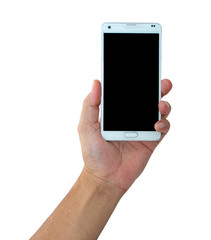 left hand holding mobile isolated on white background with clipping paths