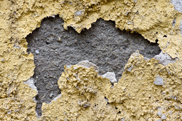 Textured wall with peeling yellow paint. Old building. Beautiful abstract background. Large size photo in good quality.