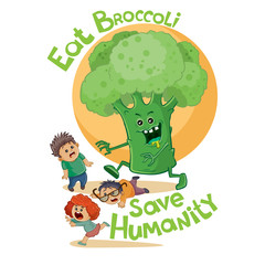 eat broccoli save people poster, children run away from big broccoli, isolated object on white background, vector illustration,