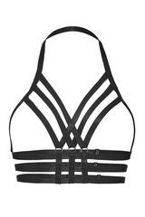 Detailed shot of a black multi-row harness made of textile straps with steel rings. The fashion body harness is isolated on the white background.  