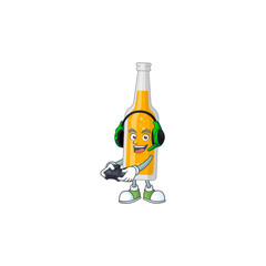 A cartoon design of bottle of beer clever gamer play wearing headphone