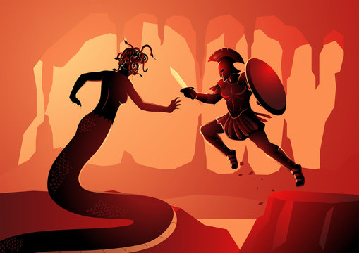 Greek mythology vector illustration of Perseus fighting Medusa