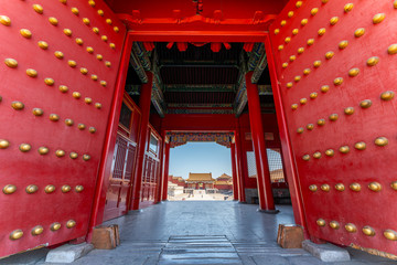 Gate way in the forbidden city. Chinese traditional buildings.