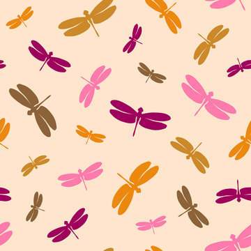 Seamless pattern with colorful dragonflies. Colored elements oyn a beige background. Stock vector illustration. Great, creative idea for modern designs backdrops, cards, textiles, packings, fabric.