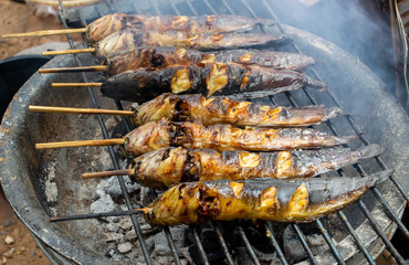 close up Catfish grill on the stove focus first fish