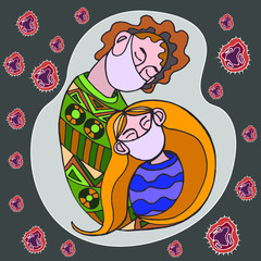 The illustration contains an image of people in quarantine, namely a guy and a girl who are hugging each other, they have medical masks on their faces.