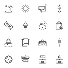 Summer promotion line icons set, outline vector symbol collection, linear style pictogram pack. Signs, logo illustration. Set includes icons as summer sale signboard, percentage discount sticker