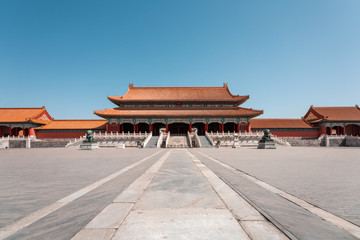 Fototapeta premium Forbidden city in Beijing China. Chinese traditional symbols.Translation:The Hall of Supreme Harmony