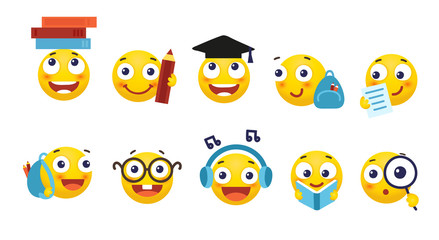 Vector set of smileys for school and education. Round yellow emoticons with different emotions, back to school. Student with a book, a backpack, glasses. Flat cartoon illustration isolated on white