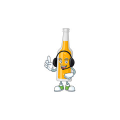 Bottle of beer cartoon character style speaking with friends on headphone