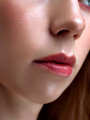 Naklejka premium beauty photo. Lips close up. Nude makeup. pink lips. 