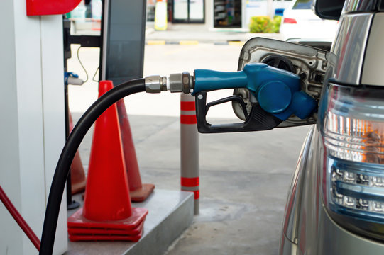 blue nozzle fule car in gas stration