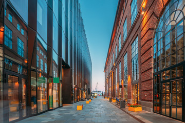 Oslo, Norway. Evening View Modern And Old Houses In Aker Brygge District. Summer Evening. Famous And Popular Place. - obrazy, fototapety, plakaty