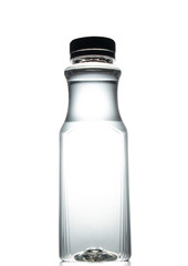 Plastic water bottle with black screw cap on a white background