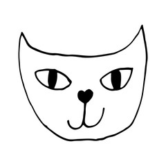 Hand drawn vector illustration of cat face. Cute funny domestic animal isolated. Simple childish drawing.