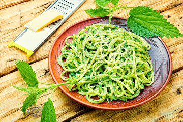 Pasta with herbal sauce.