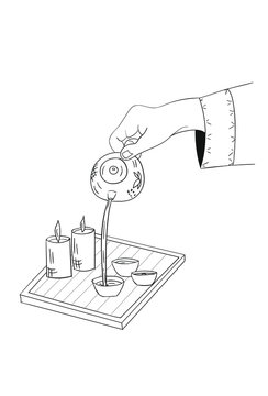 Tea ceremony concept. Hand pouring a tea from a tea pot. Vector illustration hand drawn.