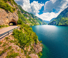 Splendid summer view of Pivsko lake. Attractive morning scene of canyon of Piva river, Pluzine town...