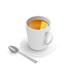 A teacup with saucer isometric view isolated on white background. Realistic vector. cup of hot drink black tea with lemon, saucer. Vector illustration for web, design, menu, app