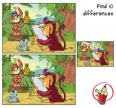 Funny monkeys in the jungle. Find 10 differences. Educational game for children. Cartoon vector illustration