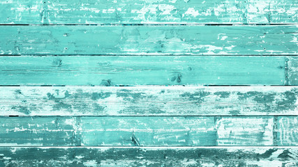 Fototapeta na wymiar Old rustic grunge weathered turquoise, aquamarine painted peeled exfoliated wooden boards texture - Wood Background
