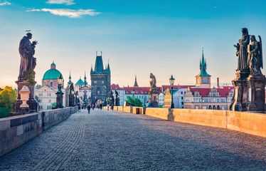 Obraz premium Romantic morning view of Charles bridge on Vltava river (Karluv Most) with statues and Saint Francis of Assisi Church. Colorful summer cityscape of Prague, Czech Republic, Europe.