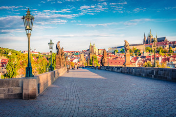 Marvelous morning view of Charles Bridge, Prague Castle and St. Vitus cathedral on Vltava river....