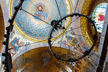 Interior of the orthodox naval cathedral of St. Nicholas in Kronstadt, Russia