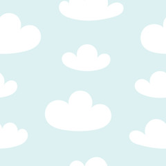 Cute white clouds in the sky. Kid wallpaper, decor of a child room. Flat simple vector illustration.Seamless pattern