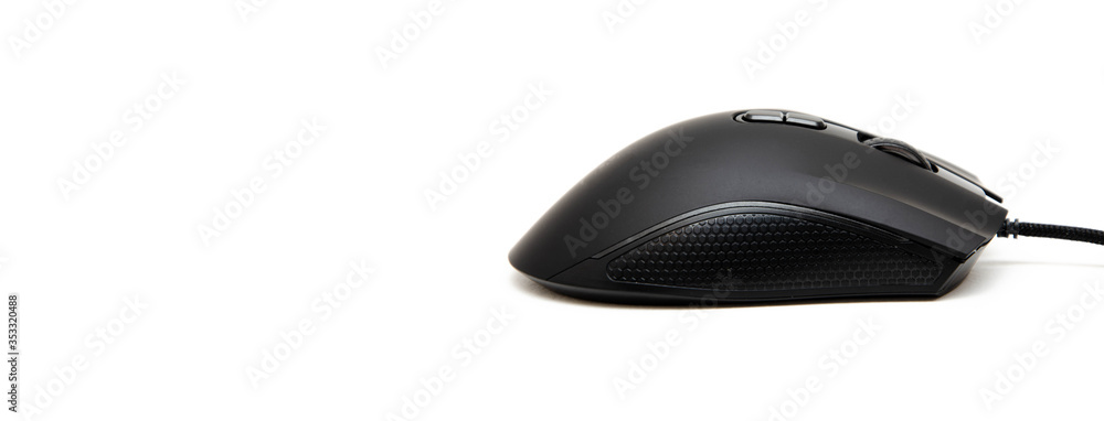 Poster black gaming mouse with side extra keys and a matte finish on white background. mouse side view in m
