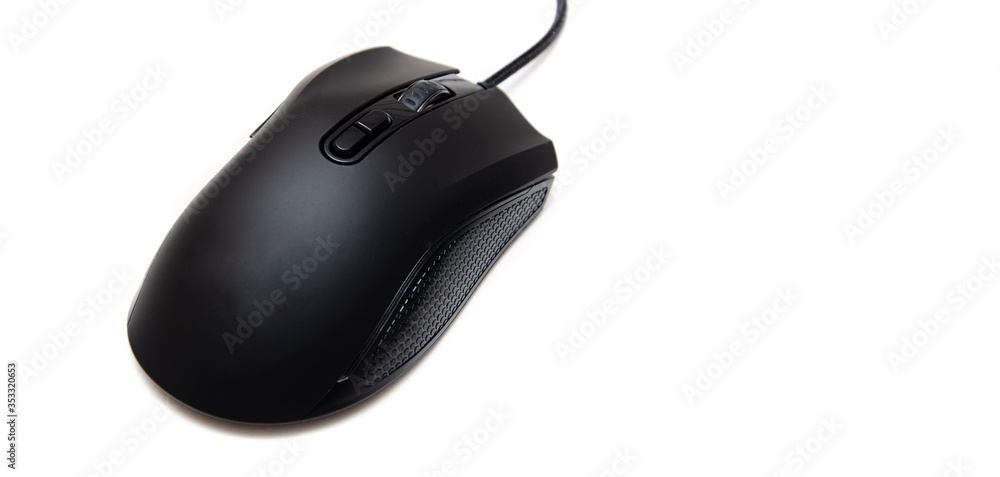 Poster black gaming mouse with side extra keys and a matte finish on white background. mouse view from the 