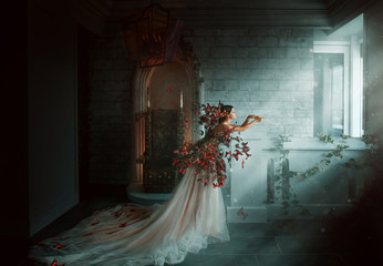 Artwork photo. Image gothic queen. black orange monarch butterflies. Dark room of castle, golden...