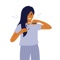 Cute girl cutting own hair. Young woman decided change her hairstyle. Lady with scissors making short hair cut. Yourself hairdresser. Quarantine self isolation. Beauty care at home vector illustration