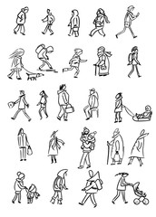 Single silhouettes of different people in warm clothes on the street drawn by a black line. Sketch style drawing. Digital illustration.