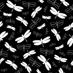 Seamless pattern with colorful dragonflies. White silhouettes and outlines insects on a black background. Vector illustration. Great for designs backdrops, cards, textiles, packings, fabric, wrapping.