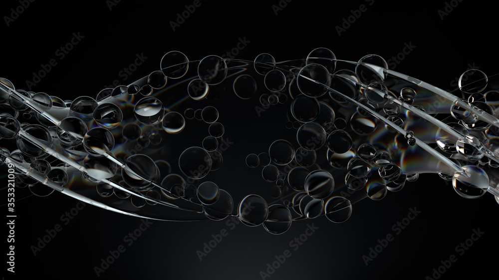Poster smooth 3d render of twisted glass shapes on dark background with dispersion effect.