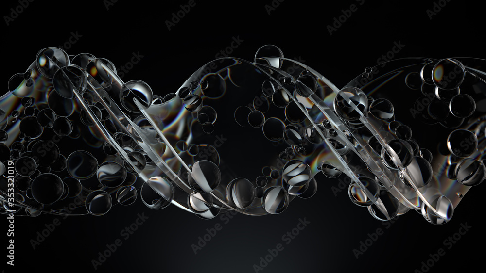 Poster smooth 3d render of twisted glass shapes on dark background with dispersion effect.