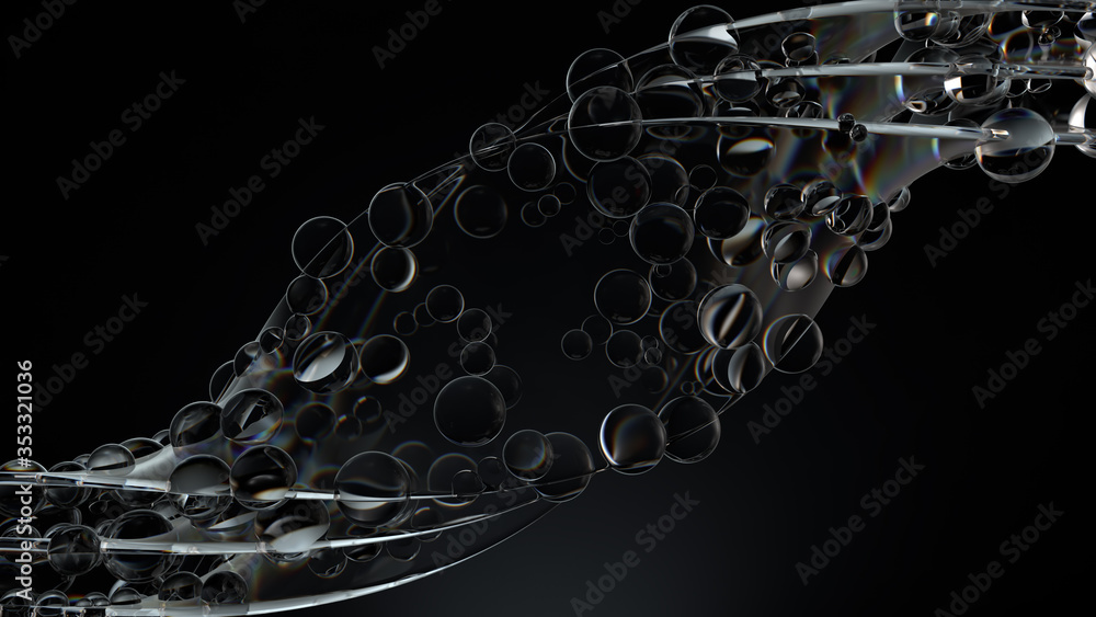 Poster smooth 3d render of twisted glass shapes on dark background with dispersion effect.