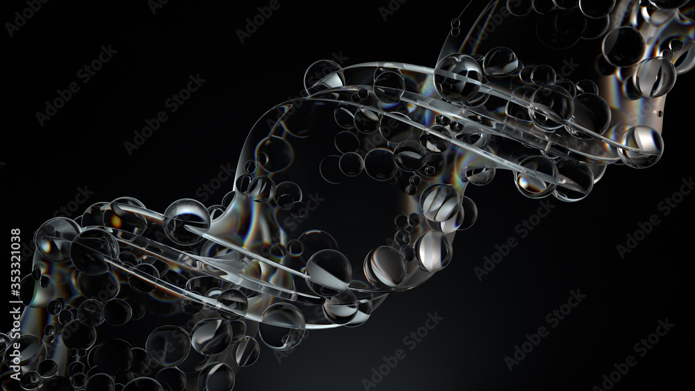 Poster smooth 3d render of twisted glass shapes on dark background with dispersion effect.