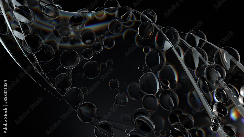 Poster smooth 3d render of twisted glass shapes on dark background with dispersion effect.